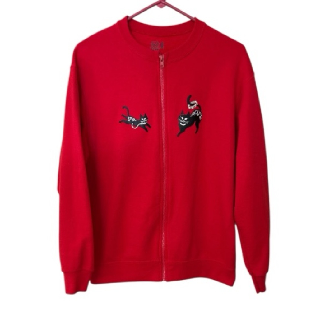 Vintage 90"s Fruit Of The Loom Full Zip Sweatshirt Jacket Appliqued Black Cats